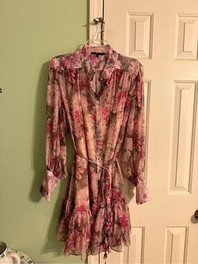 Maripe Sheer Pink Floral Tie-Waist Long Sleeve Dress